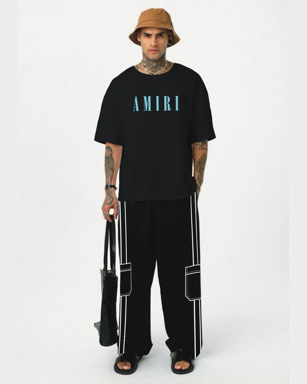 amiri core tee with white stripe pant cordset ( black and black)(*)