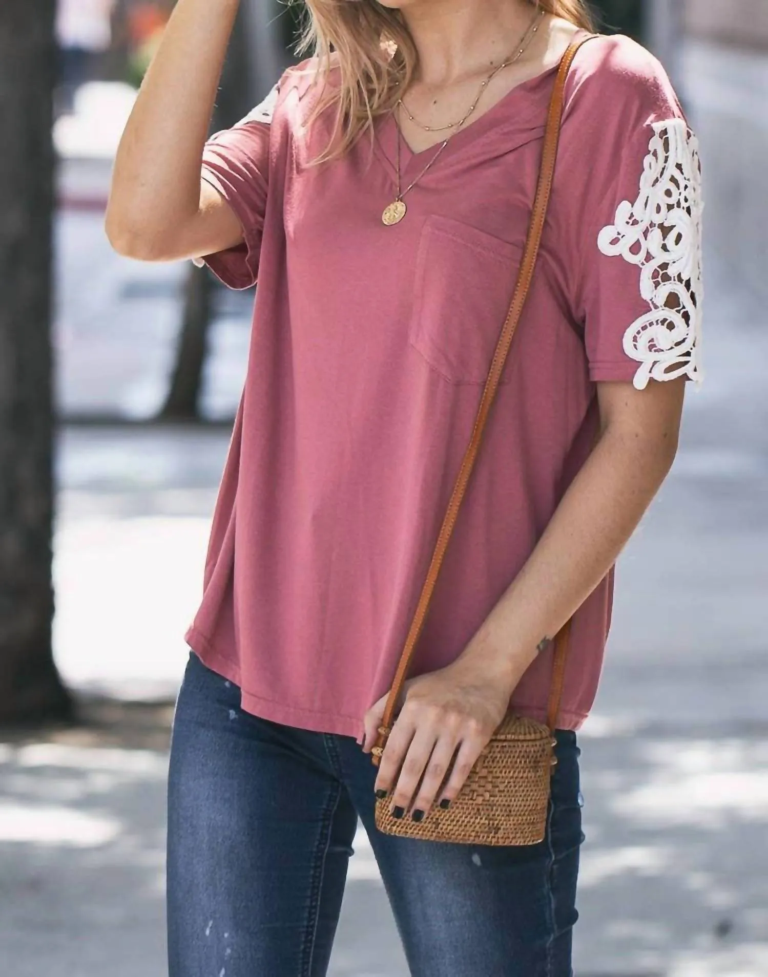 And The Why - Lace Sleeve V Neck Pocket Top