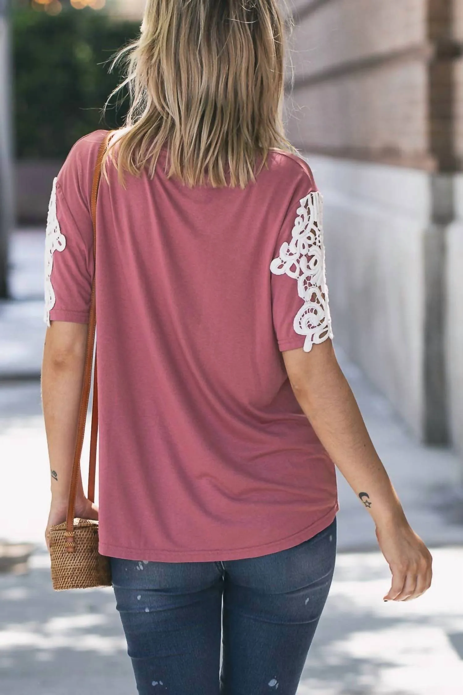 And The Why - Lace Sleeve V Neck Pocket Top