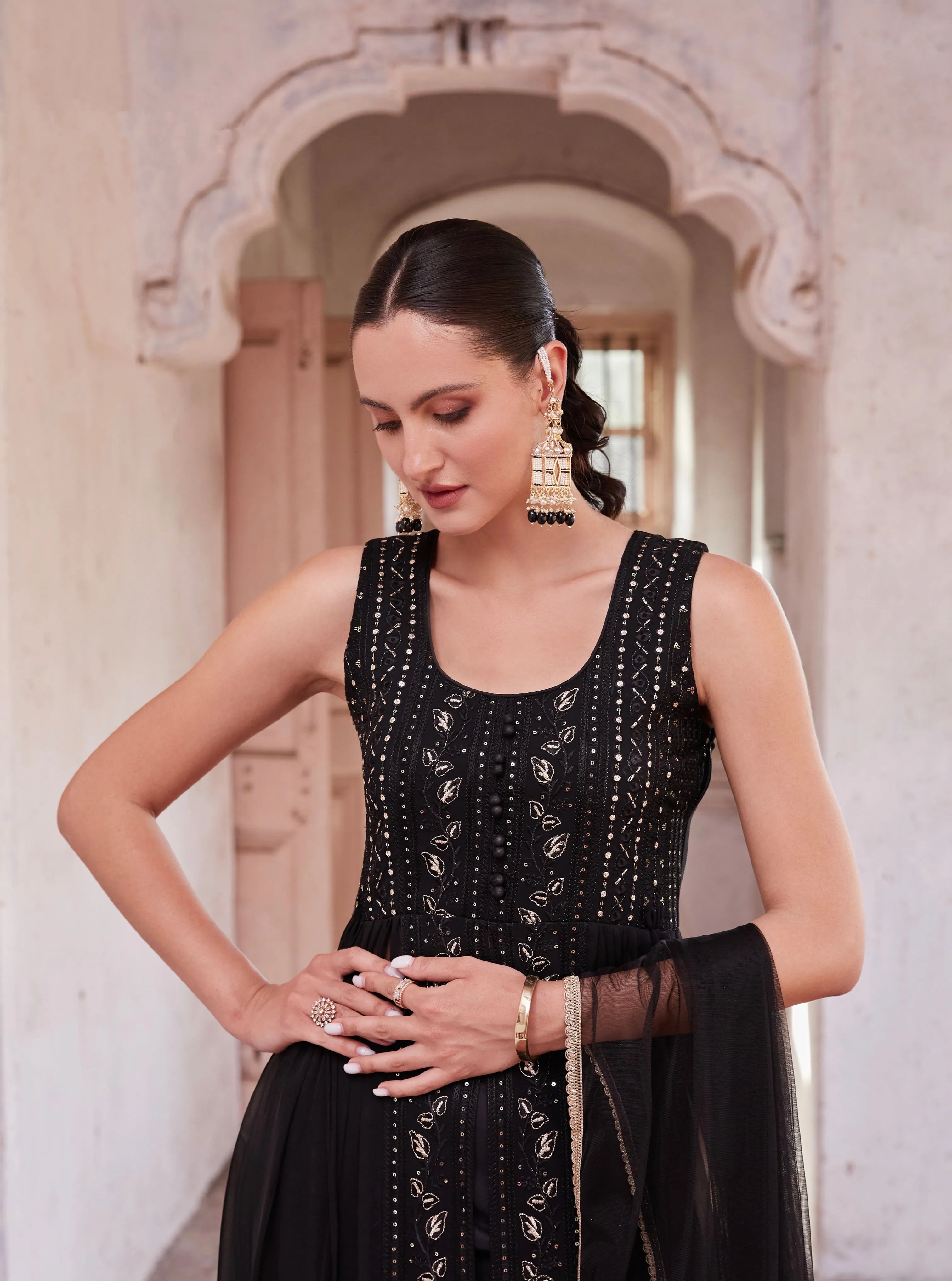 Black Anarkali Gown In Georgette With Zari Embroidery