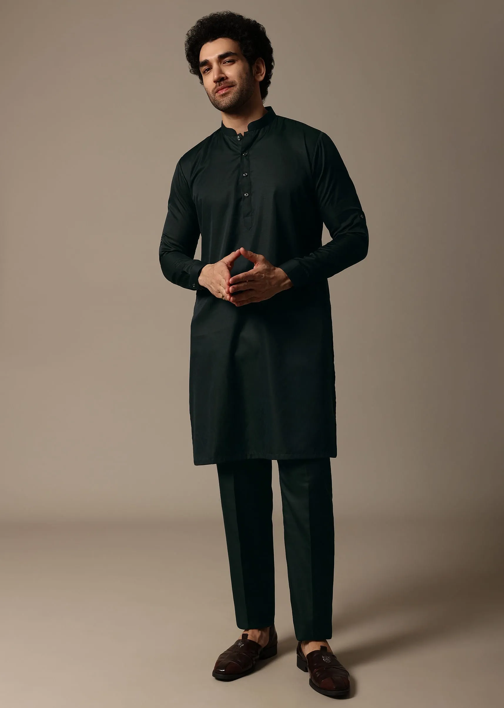 Dark Green Resham Work Kurta Jacket Set For Men
