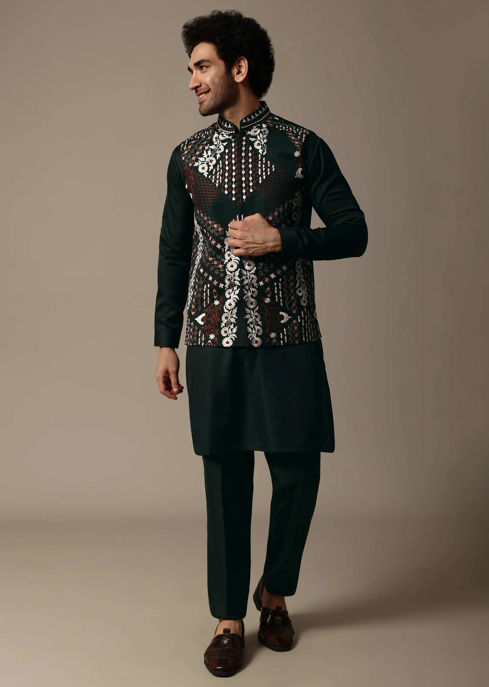 Dark Green Resham Work Kurta Jacket Set For Men