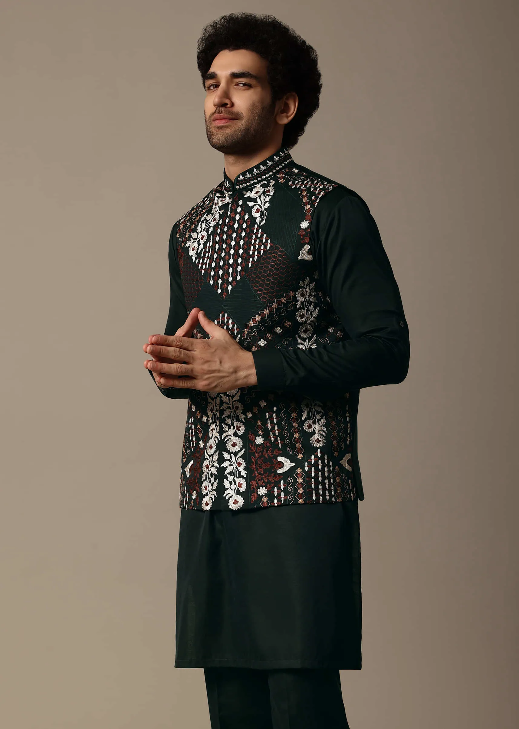 Dark Green Resham Work Kurta Jacket Set For Men