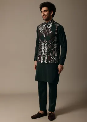 Dark Green Resham Work Kurta Jacket Set For Men