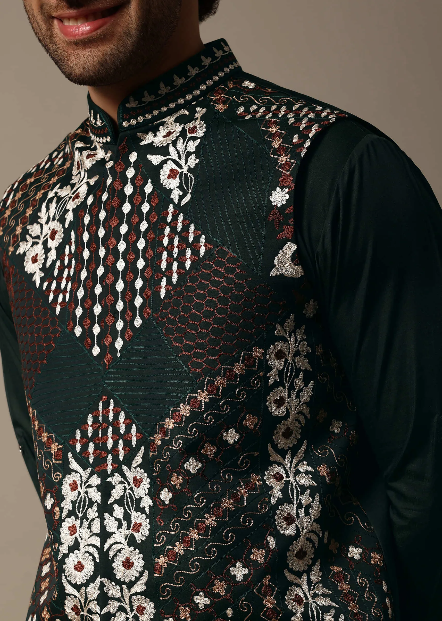 Dark Green Resham Work Kurta Jacket Set For Men