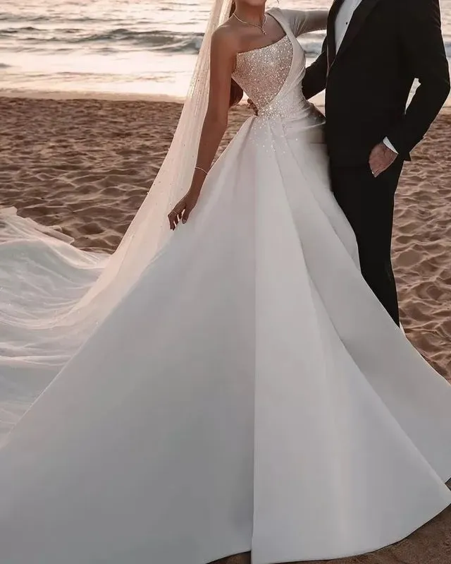 Dramatic Cathedral Sparkle Satin Wedding Gown All Sizes/Colors
