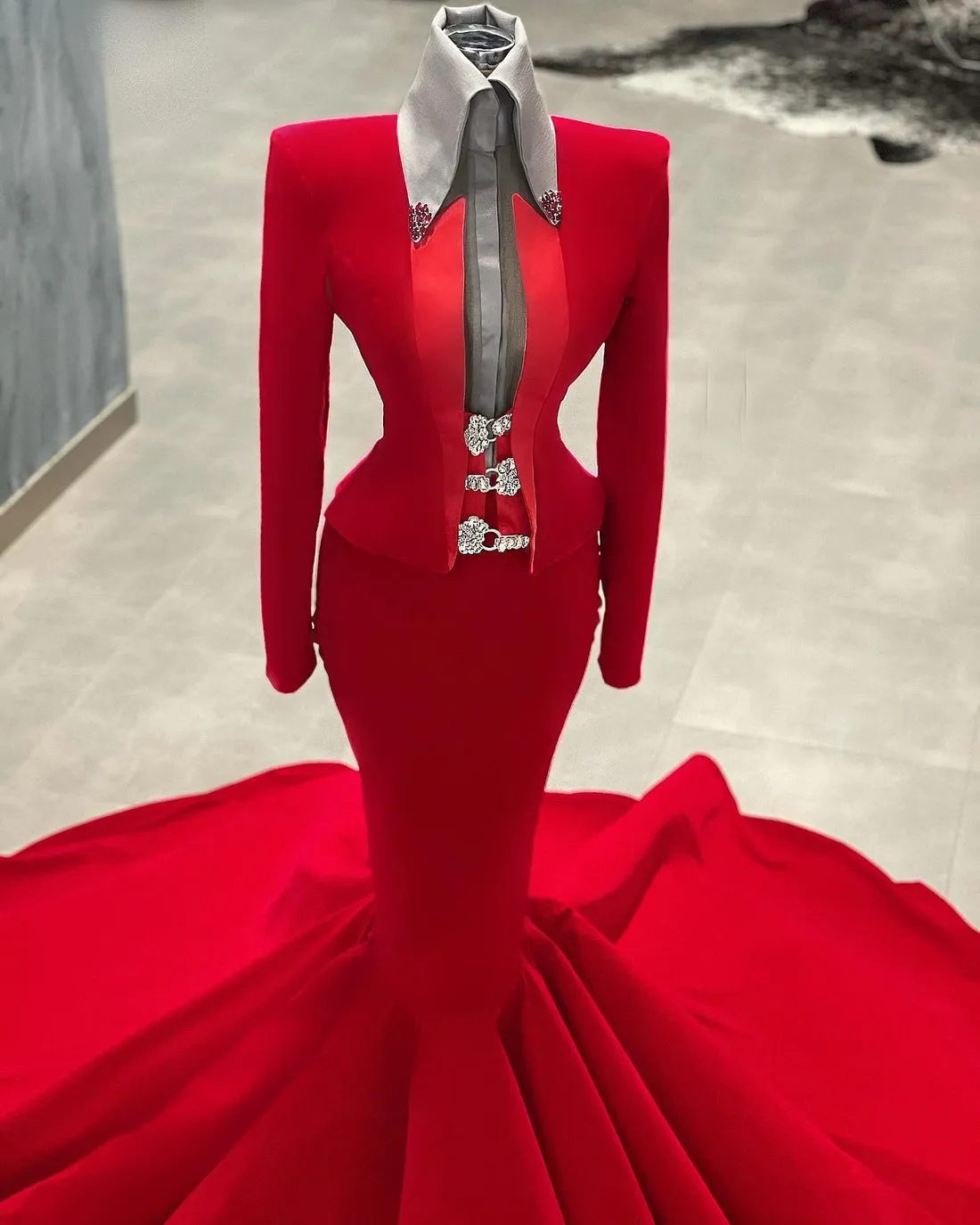 Elianna  Long Sleeve Red Mermaid Gown