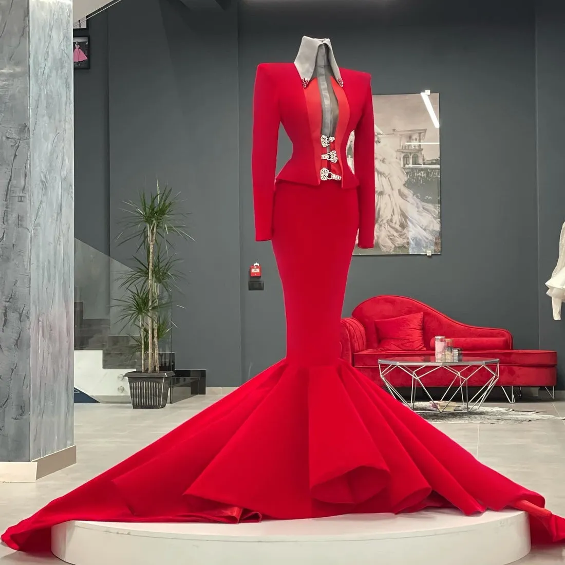 Elianna  Long Sleeve Red Mermaid Gown
