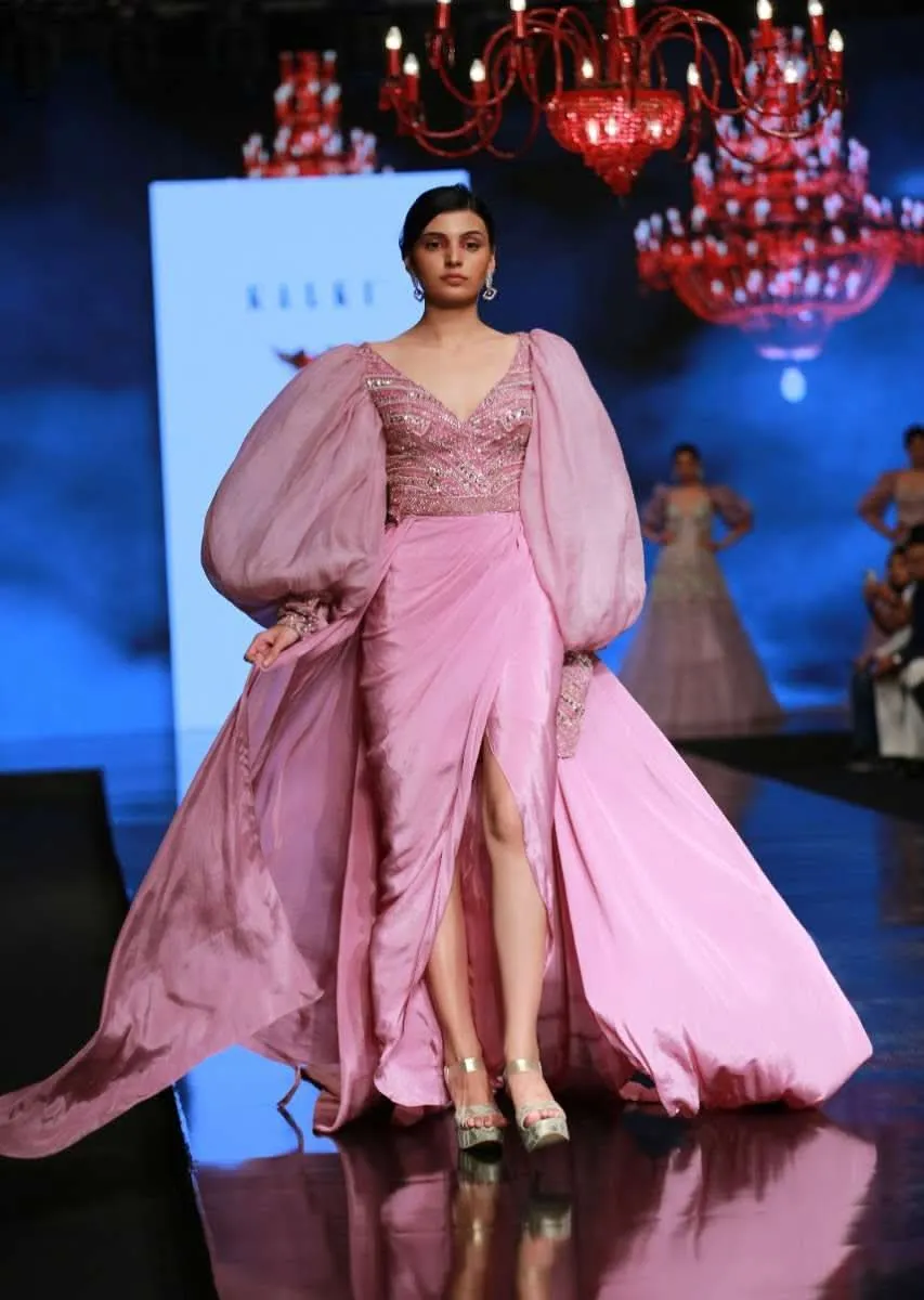 Frozen Mauve Gown With Hand Embroidered Bodice, Balloon Sleeves And A Long Trail