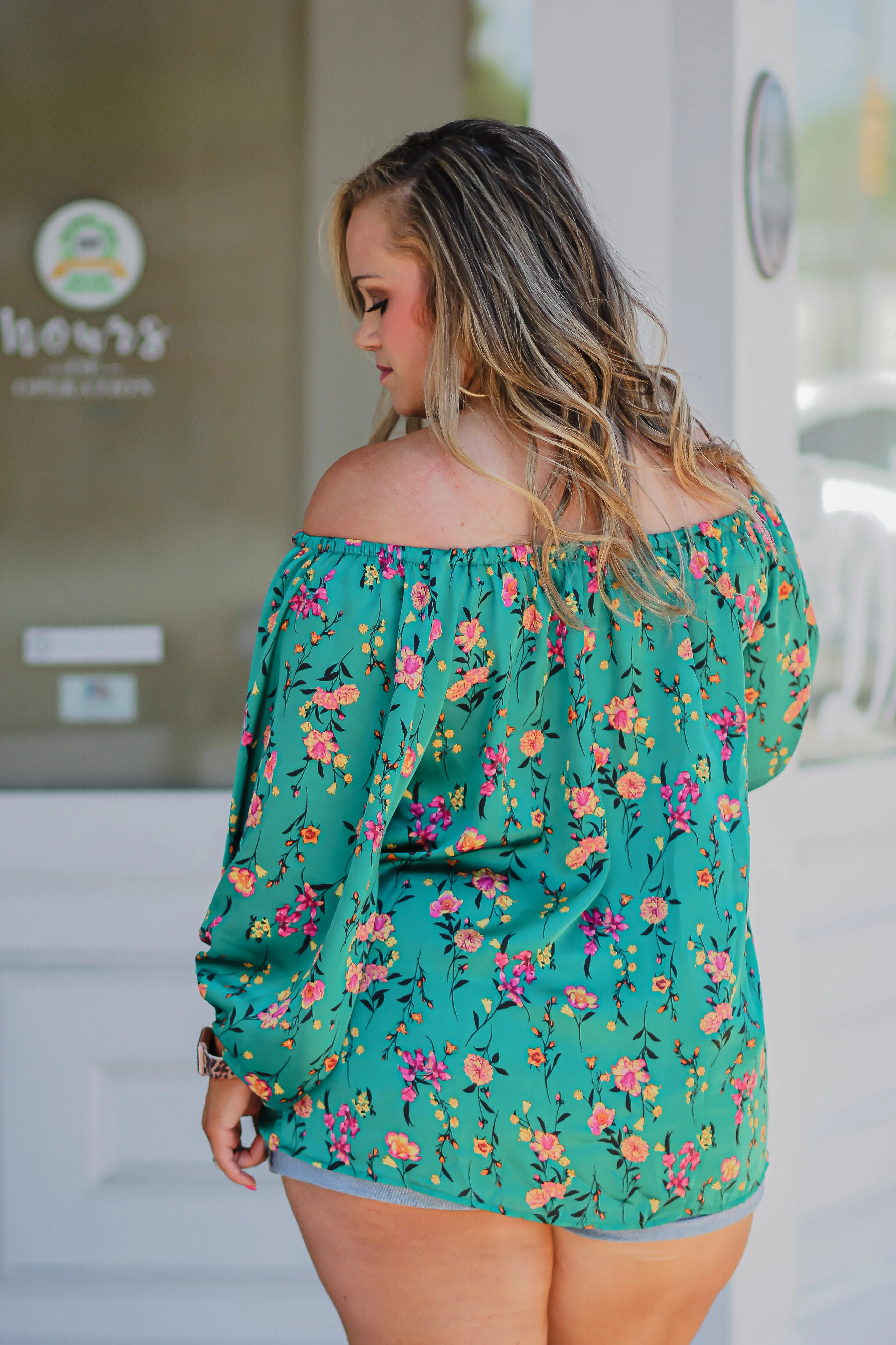 Green Satin Floral Off The Shoulder Blouse