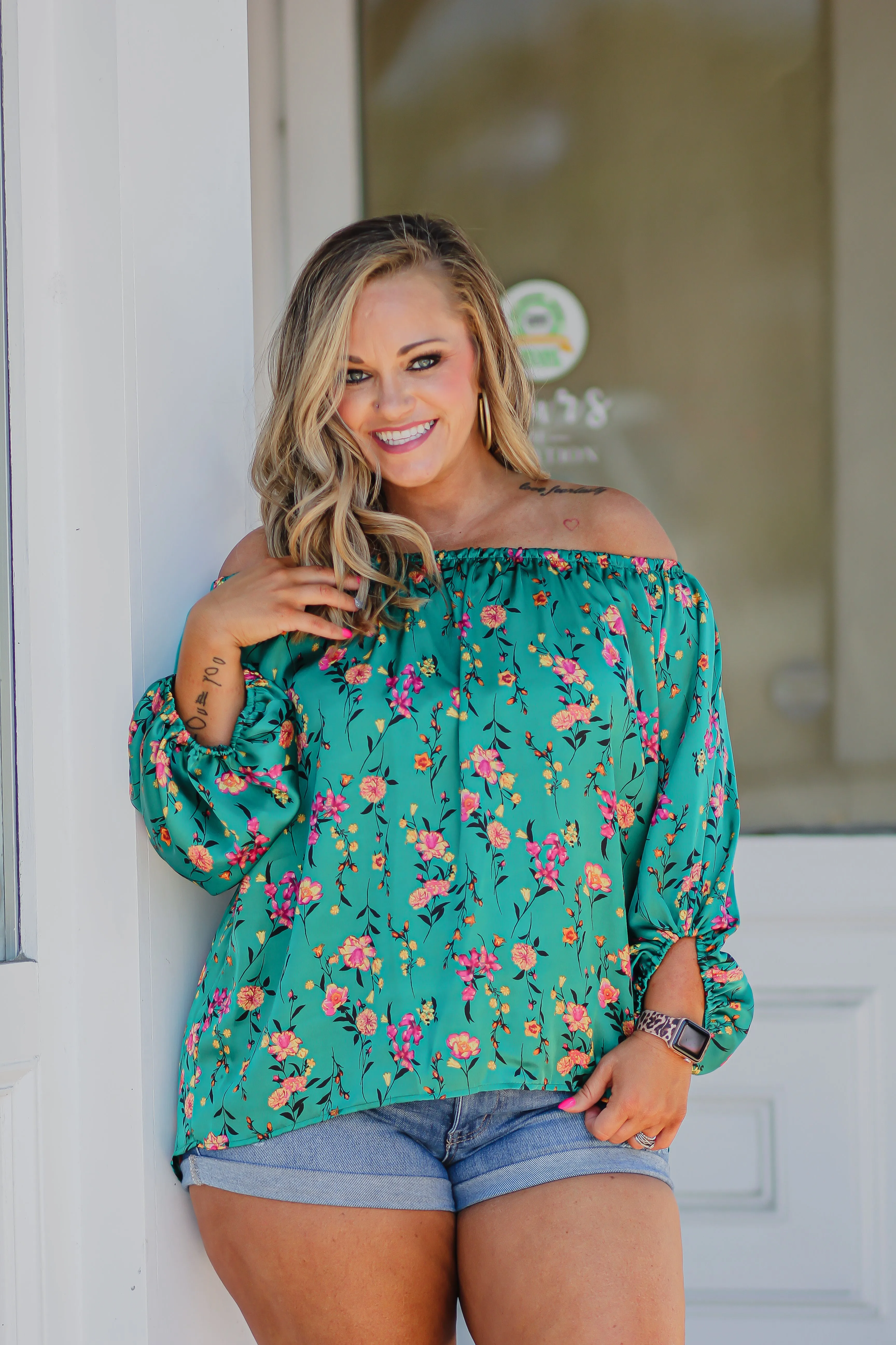 Green Satin Floral Off The Shoulder Blouse