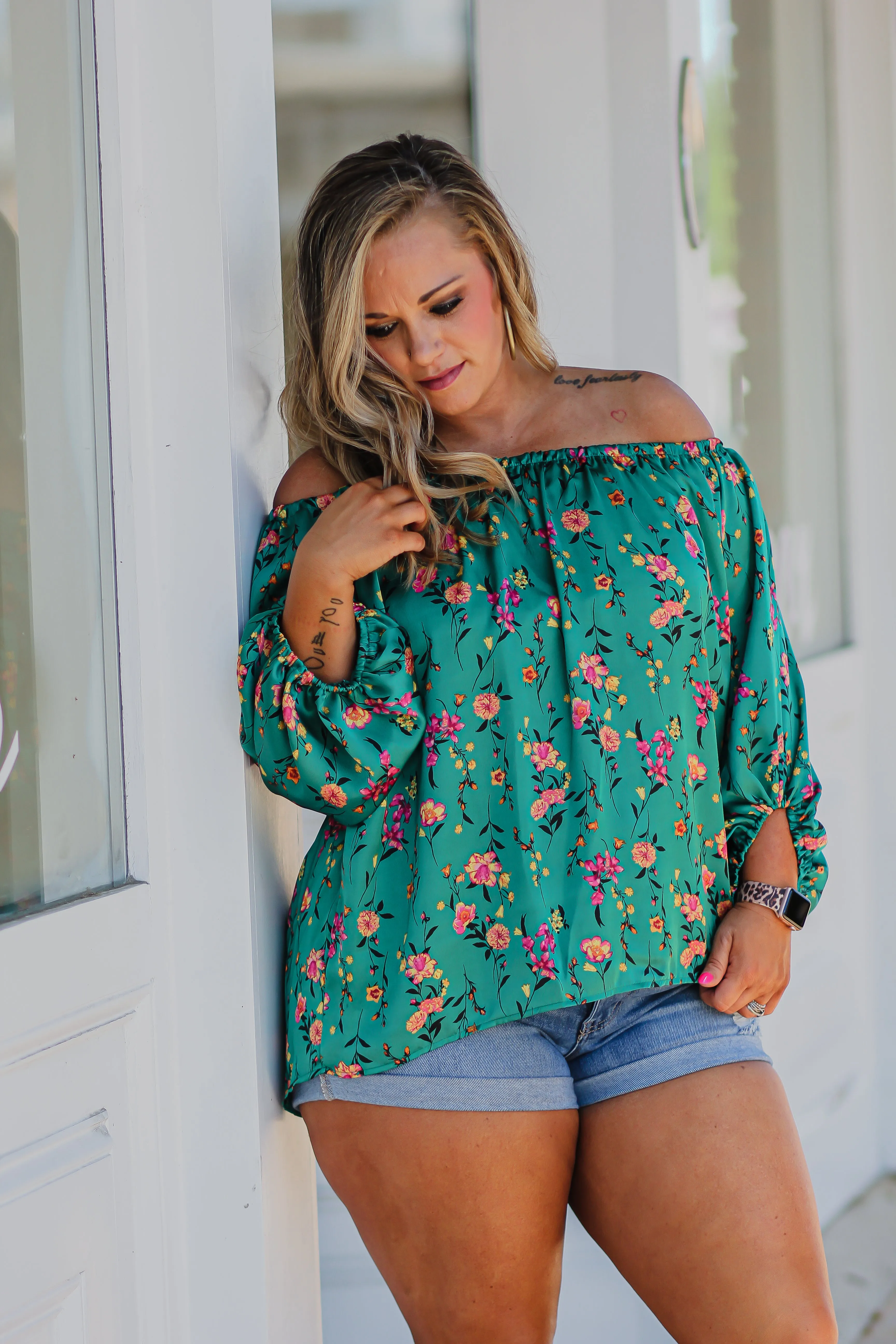 Green Satin Floral Off The Shoulder Blouse