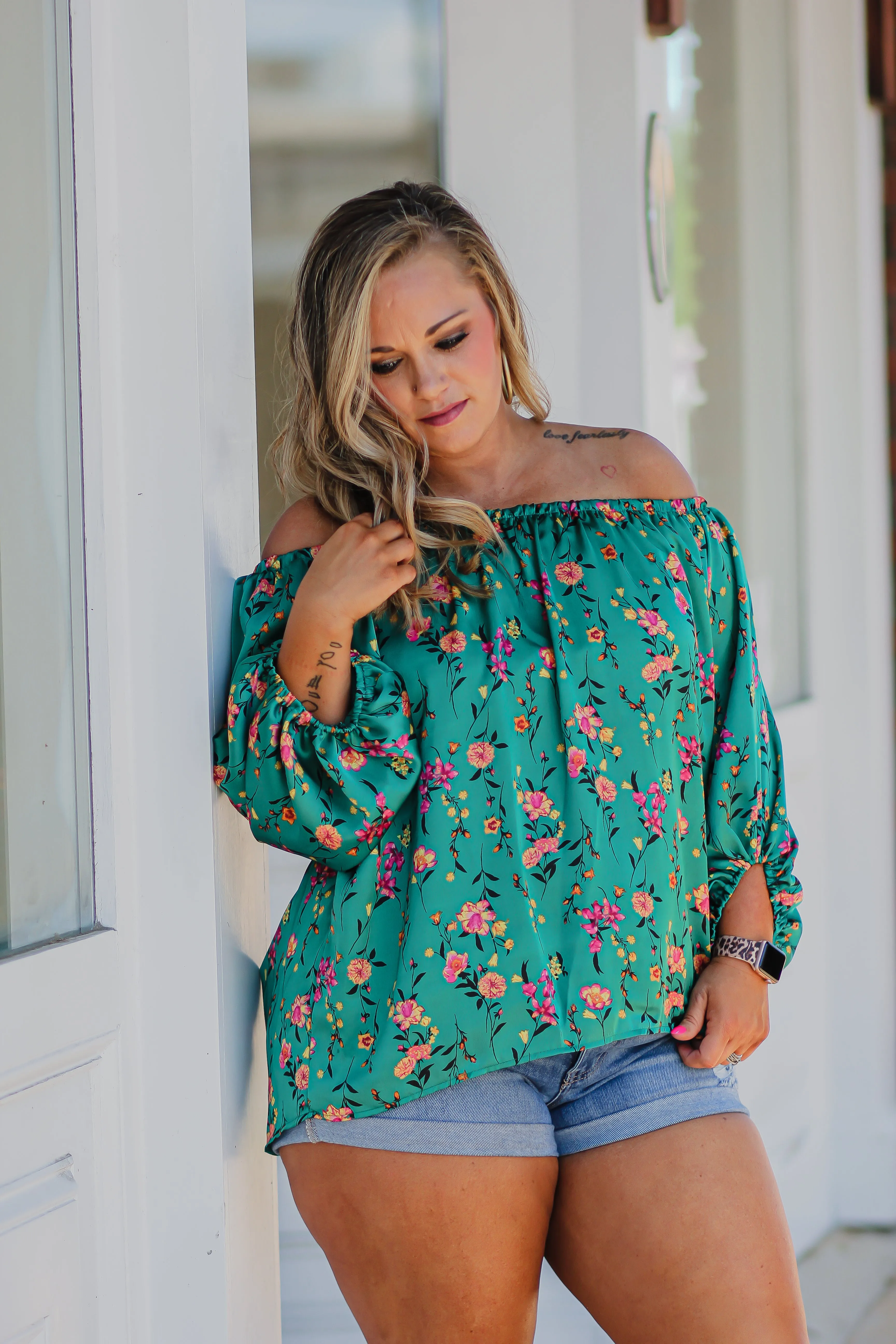 Green Satin Floral Off The Shoulder Blouse