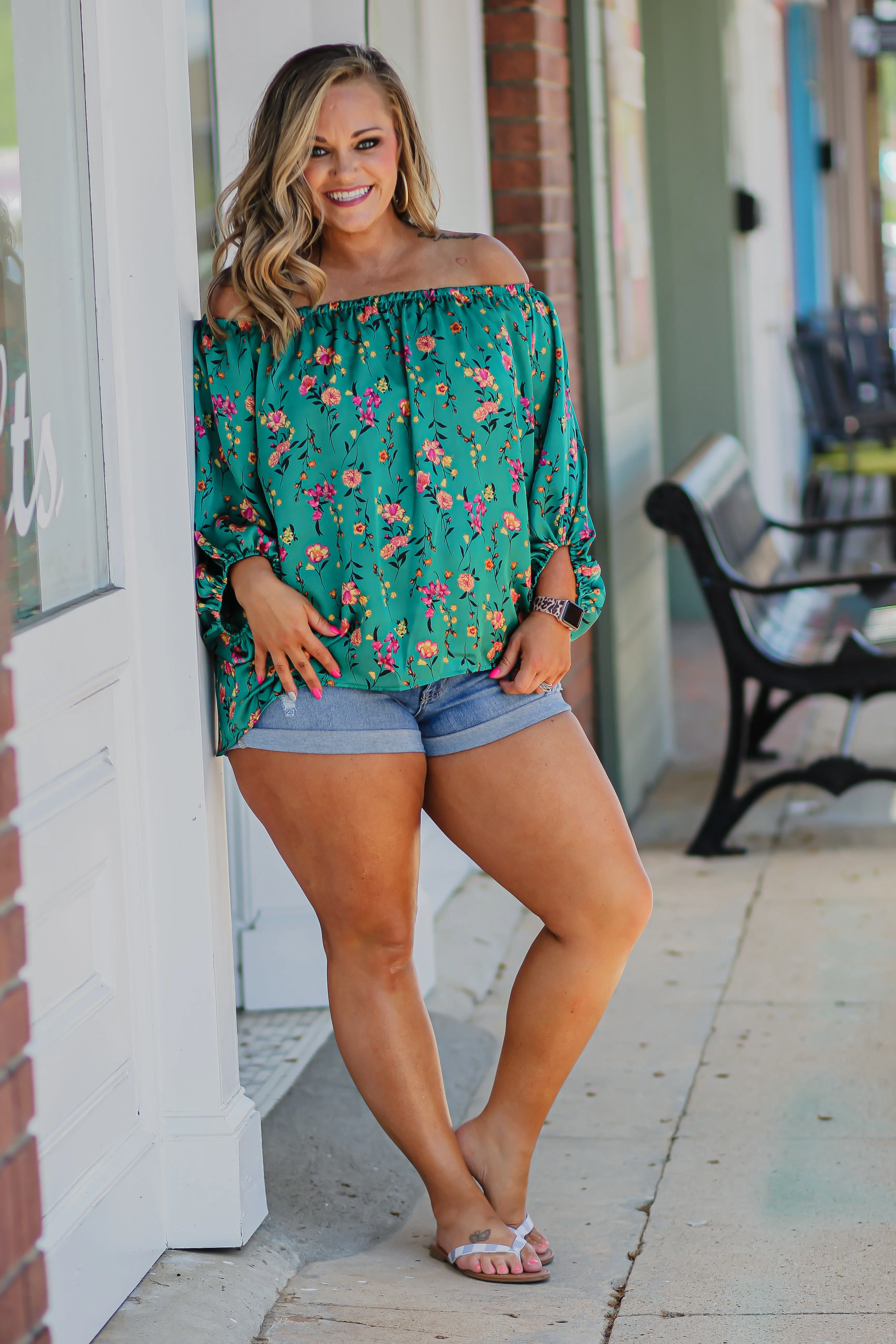 Green Satin Floral Off The Shoulder Blouse