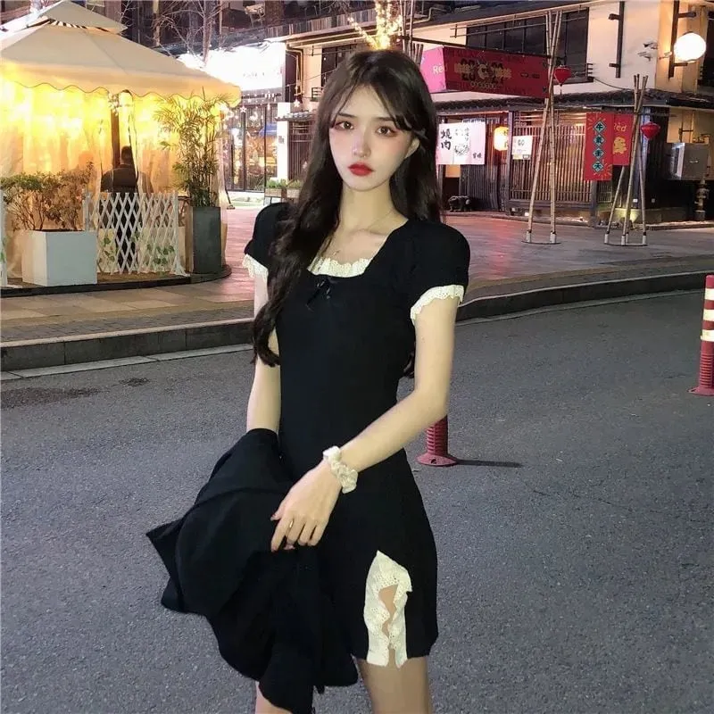 Kawaii Slim Fitted Side Slit Black Short Dress