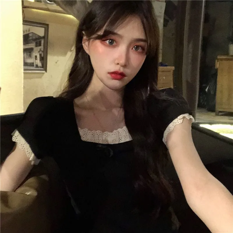 Kawaii Slim Fitted Side Slit Black Short Dress