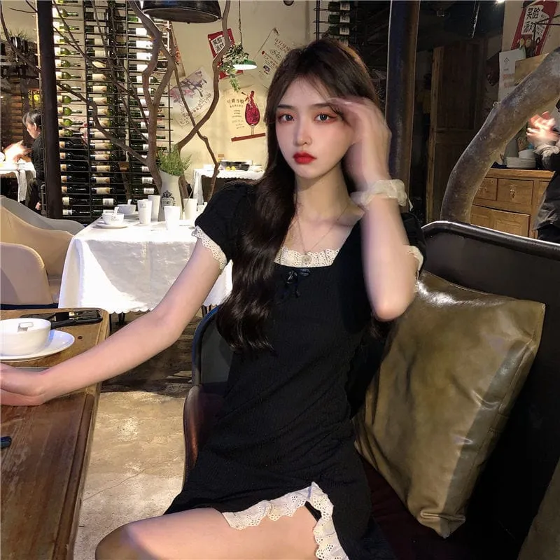 Kawaii Slim Fitted Side Slit Black Short Dress
