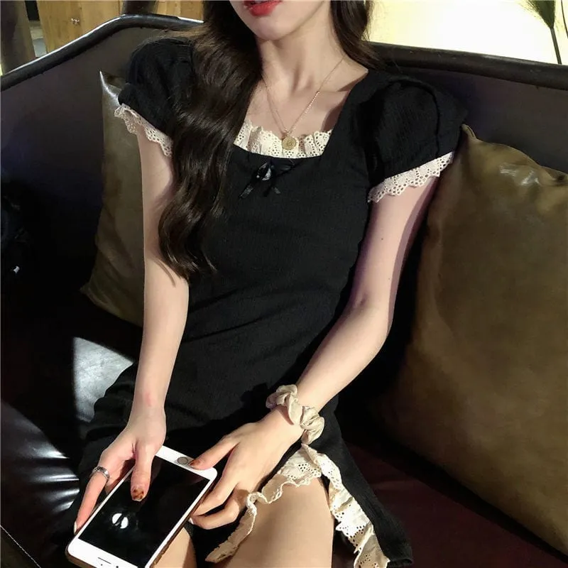 Kawaii Slim Fitted Side Slit Black Short Dress