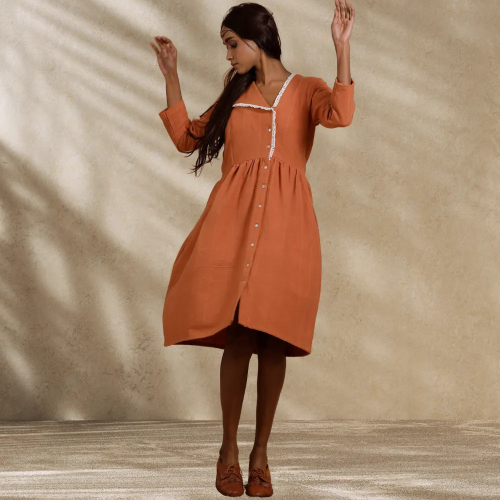 Knee Length Women Dress | Day Wear | Breathable Cotton | Rust Orange