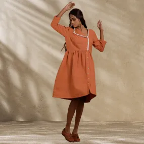 Knee Length Women Dress | Day Wear | Breathable Cotton | Rust Orange