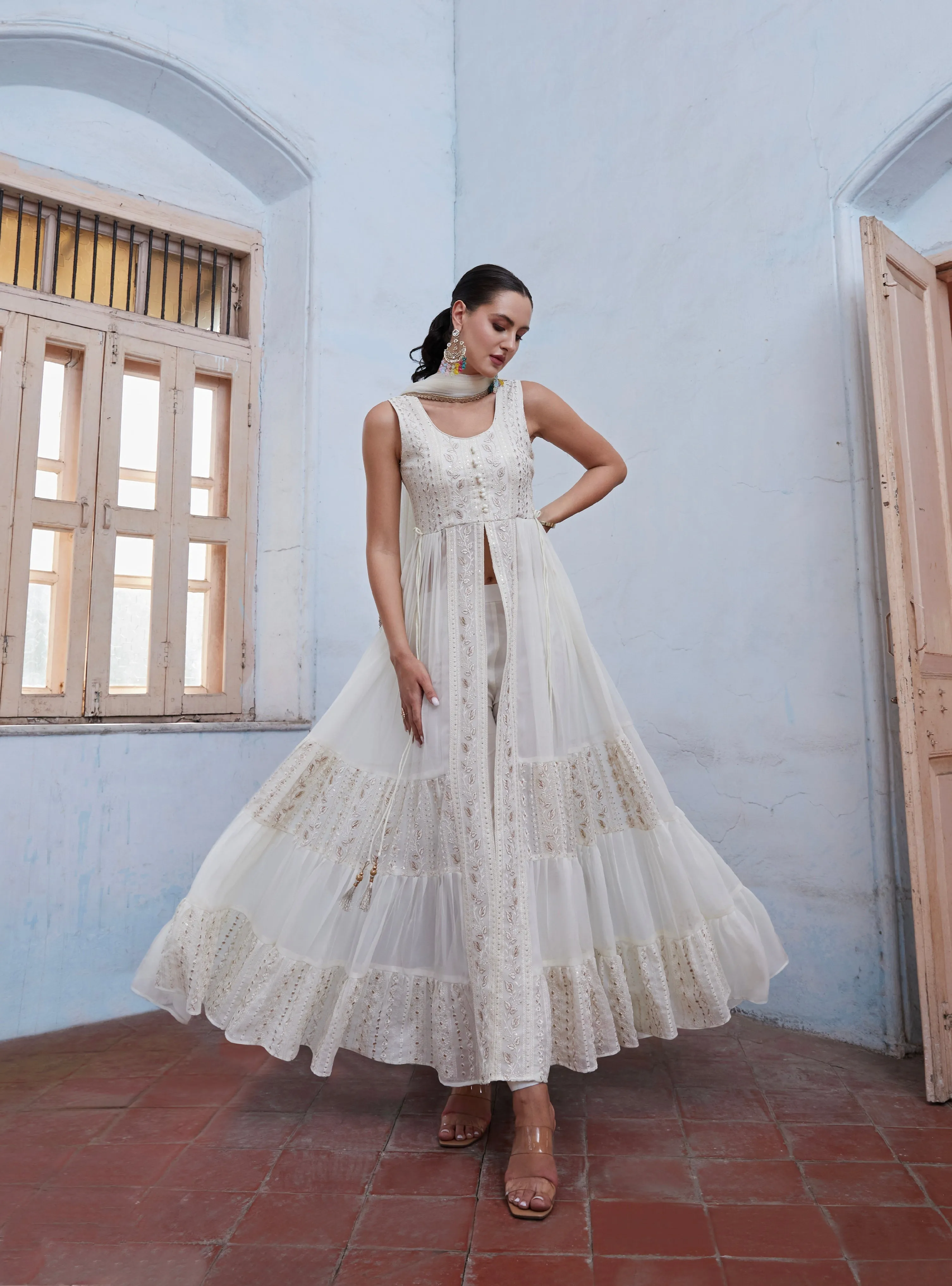 Off White Anarkali In Georgette With Sequins & Thread Embroidery