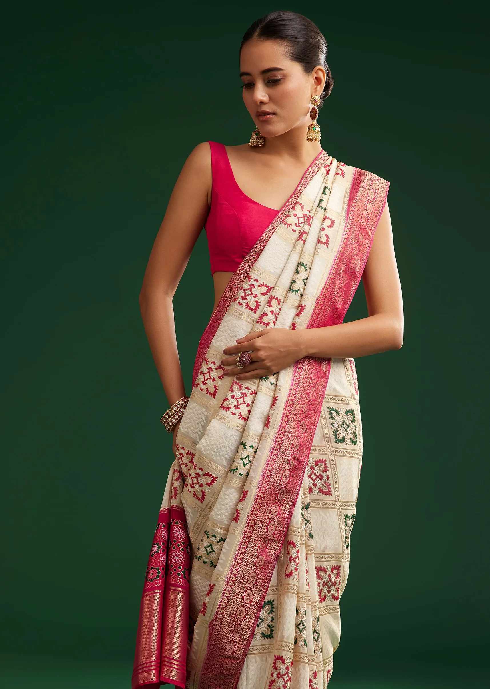 Off White Zari Dola Silk Saree With Checked Woven Motif