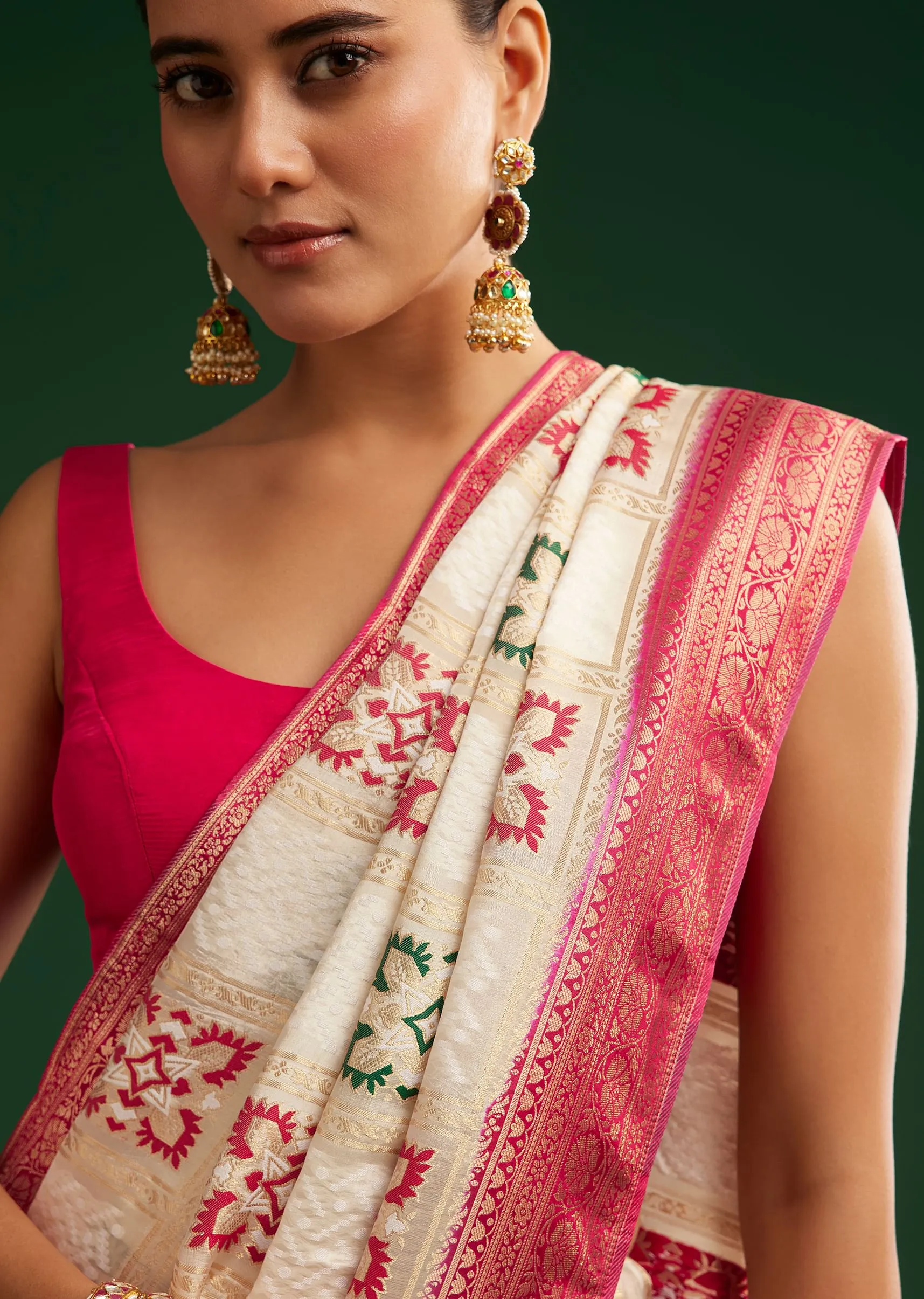 Off White Zari Dola Silk Saree With Checked Woven Motif