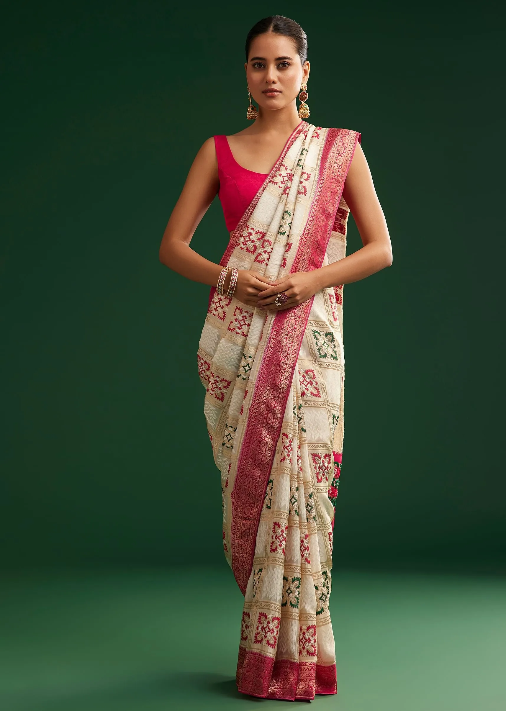 Off White Zari Dola Silk Saree With Checked Woven Motif