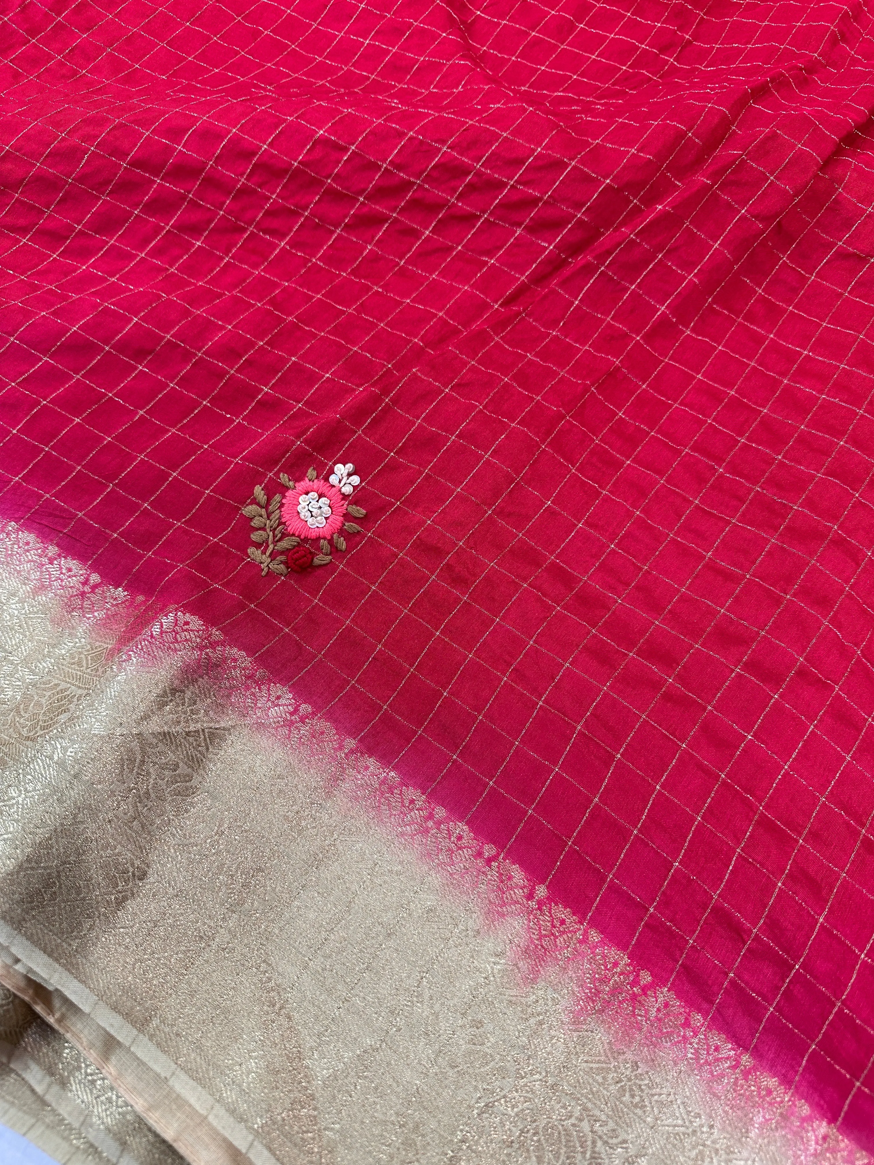 Red Checked hand work Saree