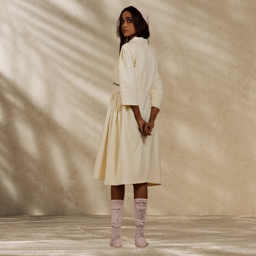 Women Ecru Collared Dress | Hand-Crafted | Stylish All Day Wear