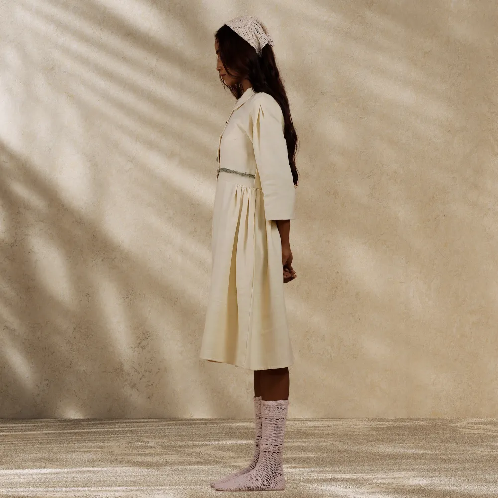 Women Ecru Collared Dress | Hand-Crafted | Stylish All Day Wear